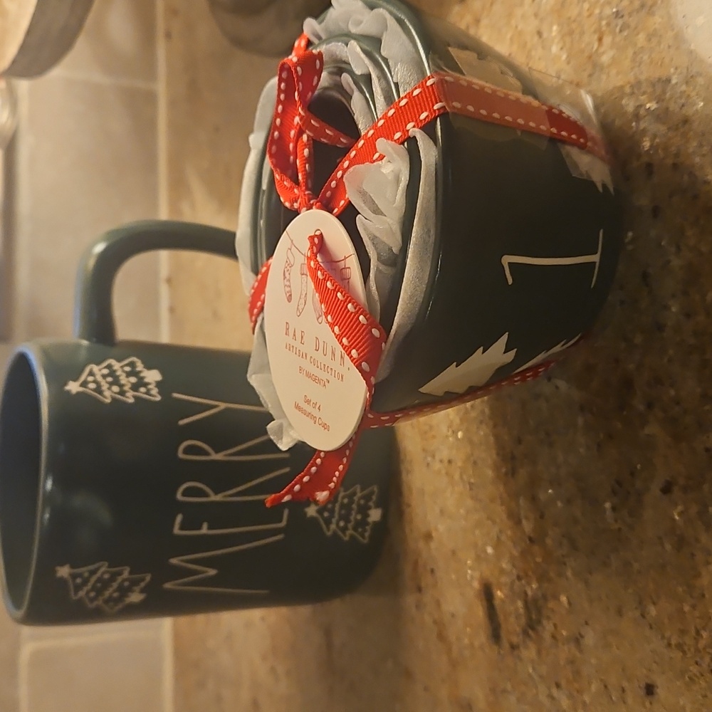 Rae DUNN Green Tree MERRY Mug and Measuring Cups